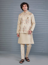 Beige silk embroidered festive waistcoat set
