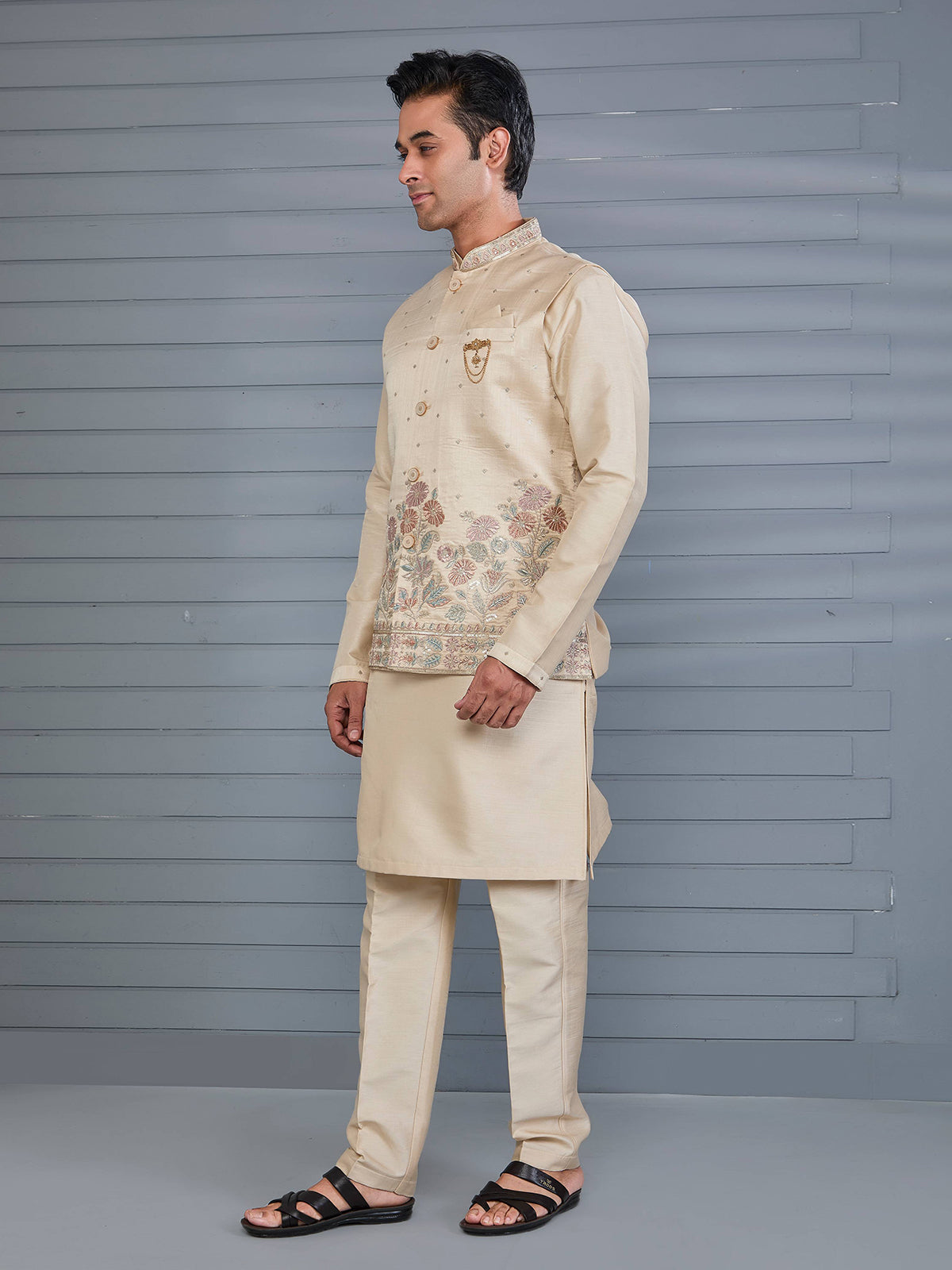 Classic beige silk wedding wear waistcoat set