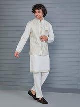 White rayon cotton resham and sequin waistcoat set