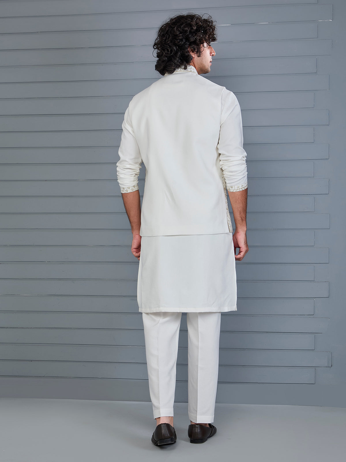White rayon cotton resham and sequin waistcoat set