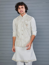 White rayon cotton resham and sequin waistcoat set