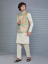 Beige printed viscose silk festive wear waistcoat set