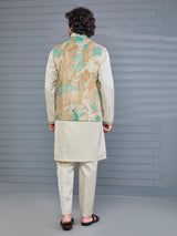 Beige printed viscose silk festive wear waistcoat set