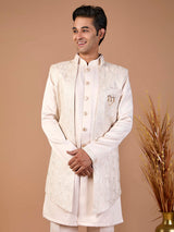 Beige malai silk embroidered indowestern set with jacket style