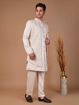 Beige malai silk embroidered indowestern set with jacket style