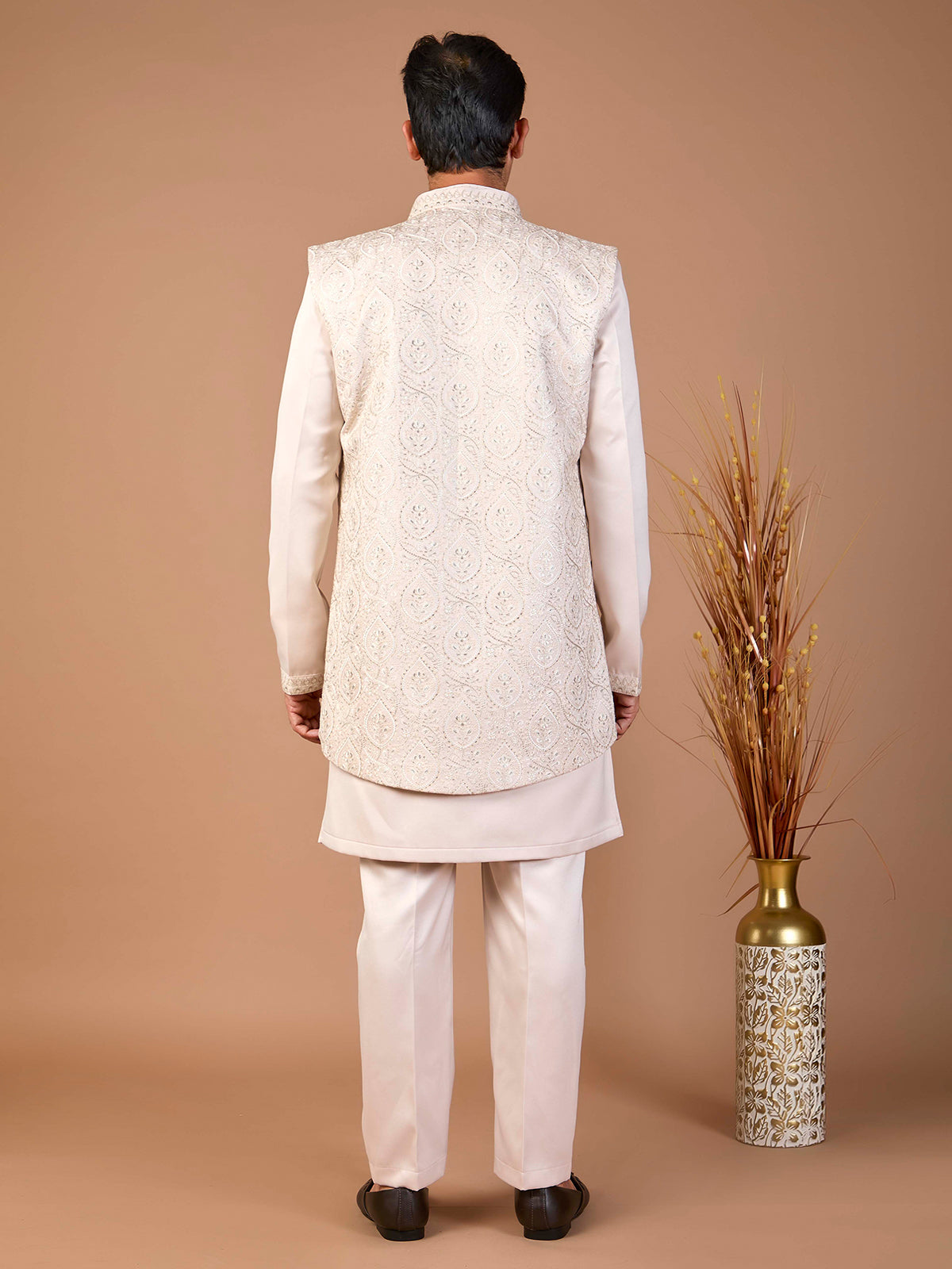 Beige malai silk embroidered indowestern set with jacket style