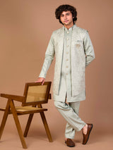 Pista green malai silk embroidered indowestern set ensemble