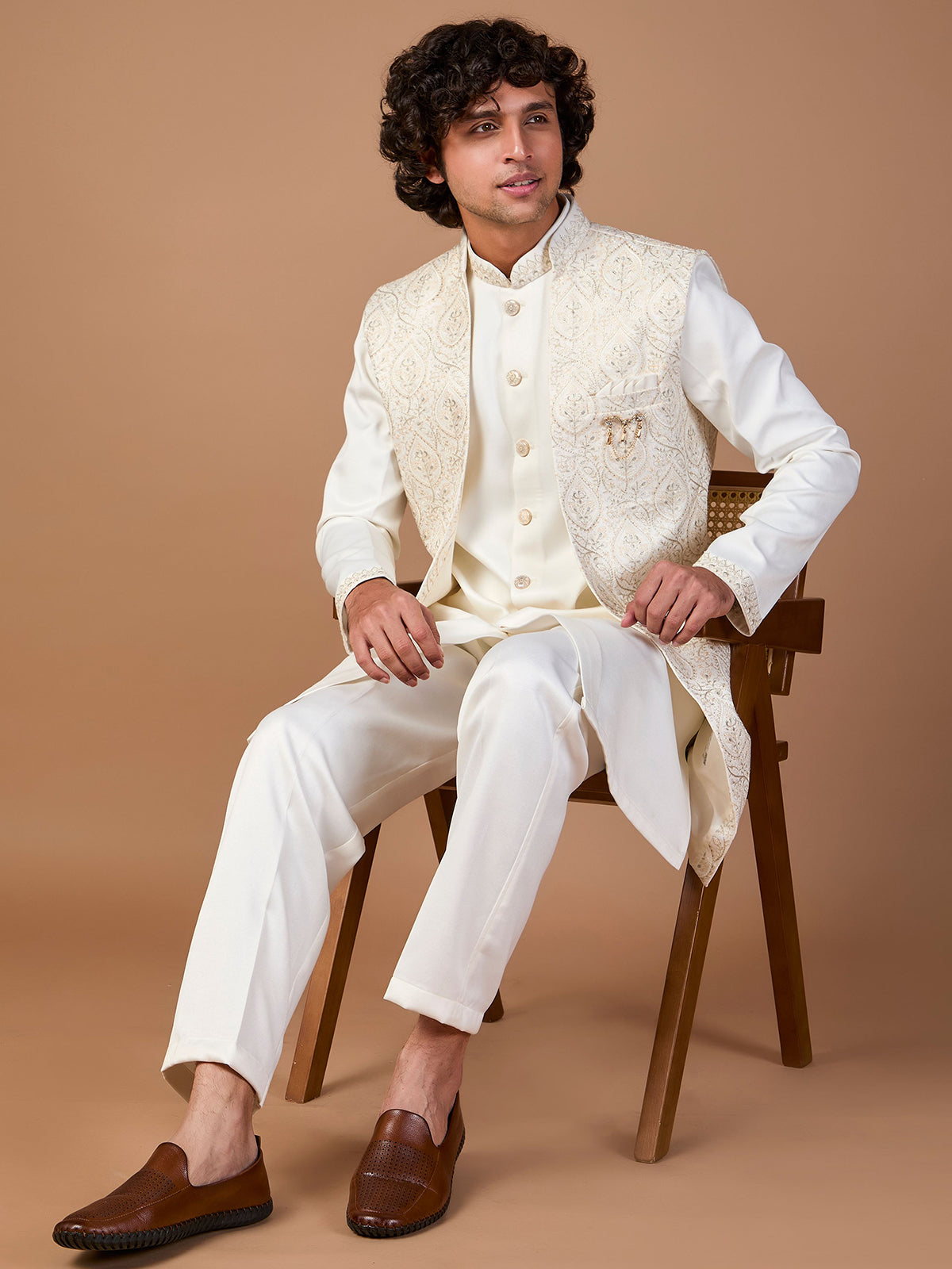 Cream malai silk jacket style embroidered indowestern set