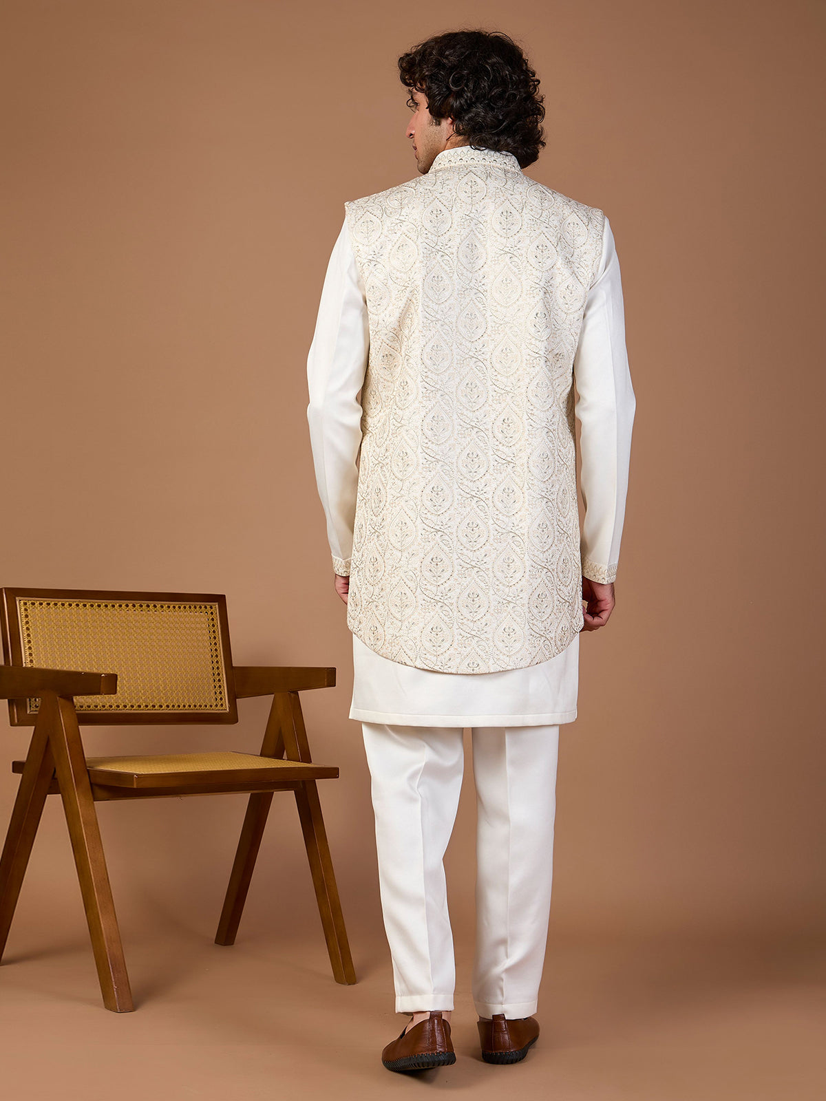 Cream malai silk jacket style embroidered indowestern set