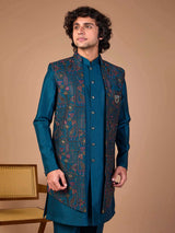 Rama blue silk indowestern set for jacket style