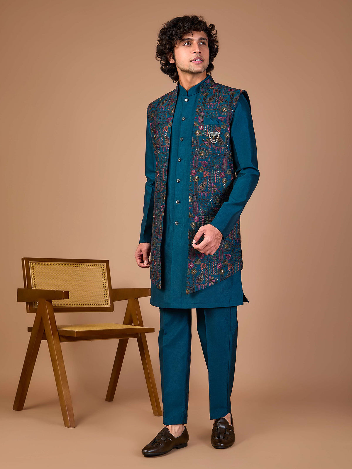 Rama blue silk indowestern set for jacket style