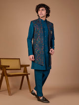 Rama blue silk indowestern set for jacket style
