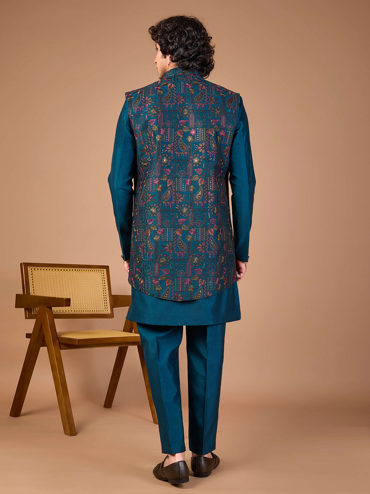 Rama blue silk indowestern set for jacket style