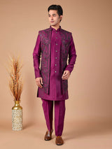 Purple silk embroidered indowestern set jacket ensemble