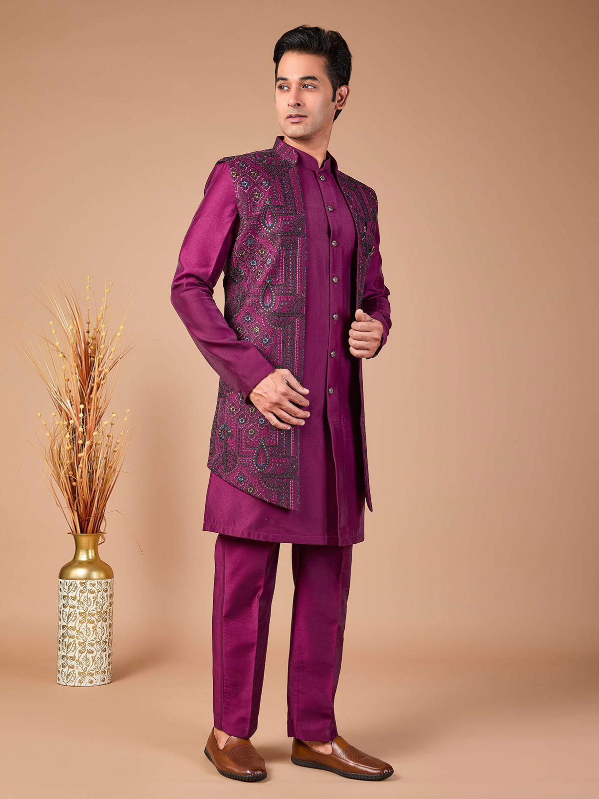 Purple silk embroidered indowestern set jacket ensemble