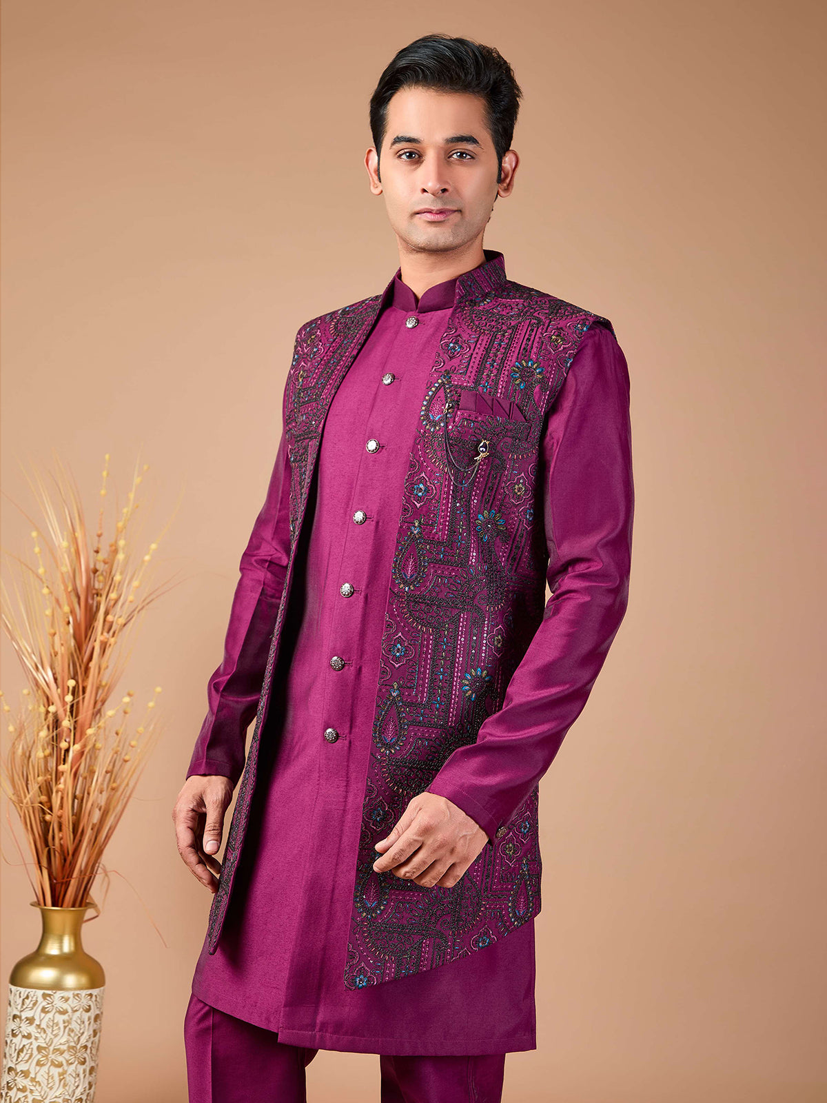 Purple silk embroidered indowestern set jacket ensemble