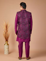 Purple silk embroidered indowestern set jacket ensemble