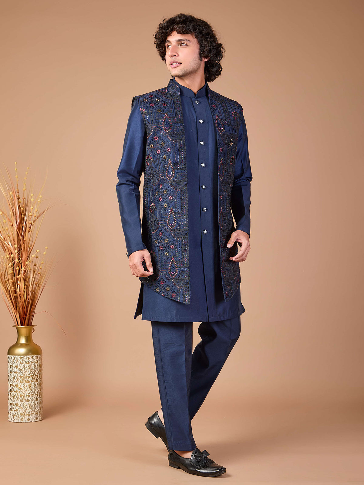 Navy silk embroidered jacket style indowestern set