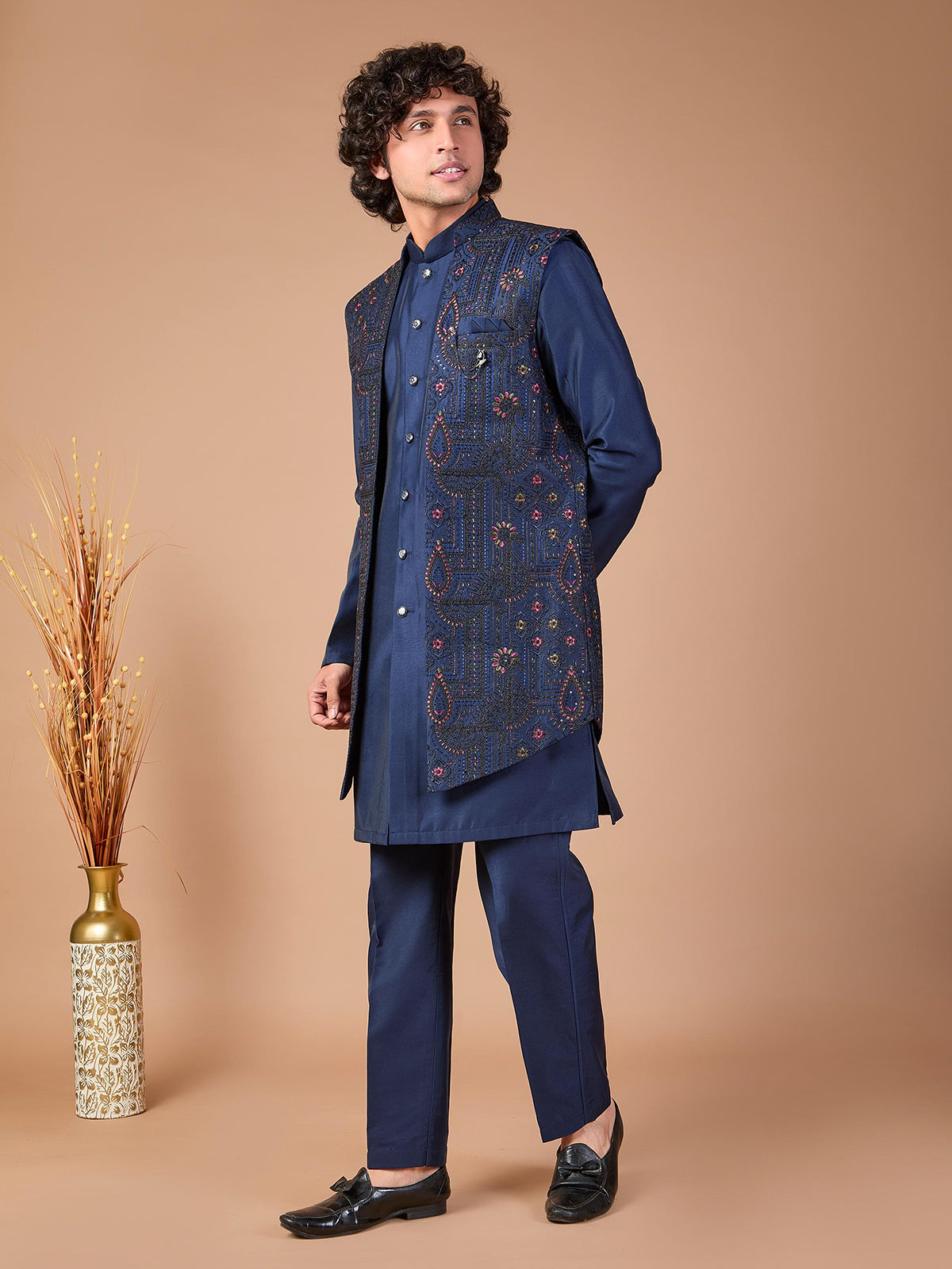 Navy silk embroidered jacket style indowestern set