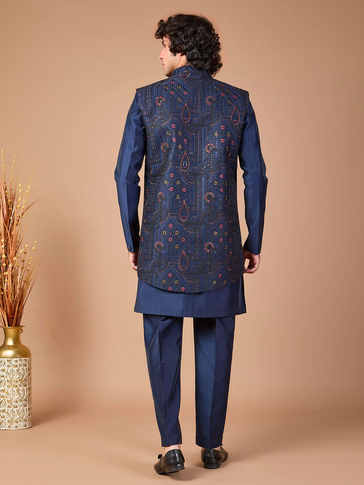 Navy silk embroidered jacket style indowestern set