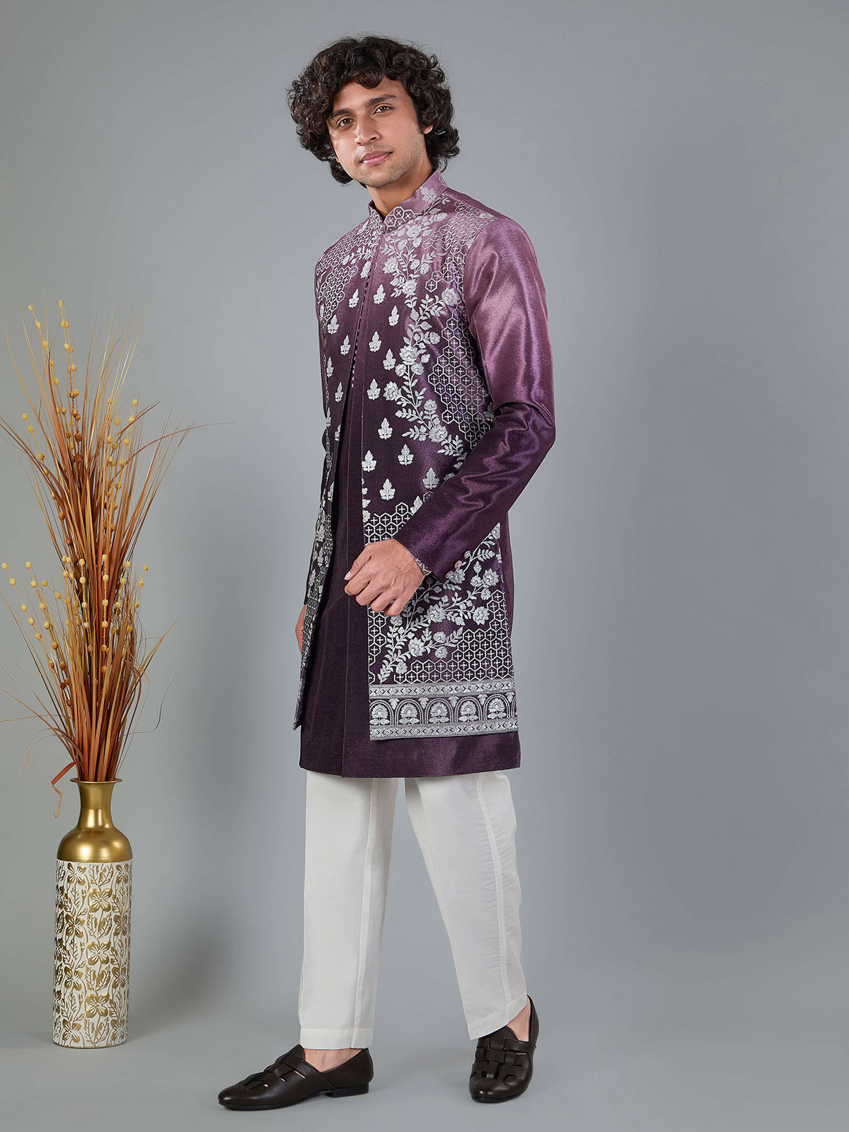 Pastel purple shaded velvet indowestern set