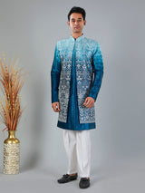 Blue shaded velvet thread embroidered indowestern set