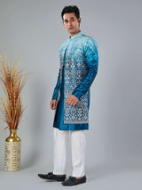 Blue shaded velvet thread embroidered indowestern set
