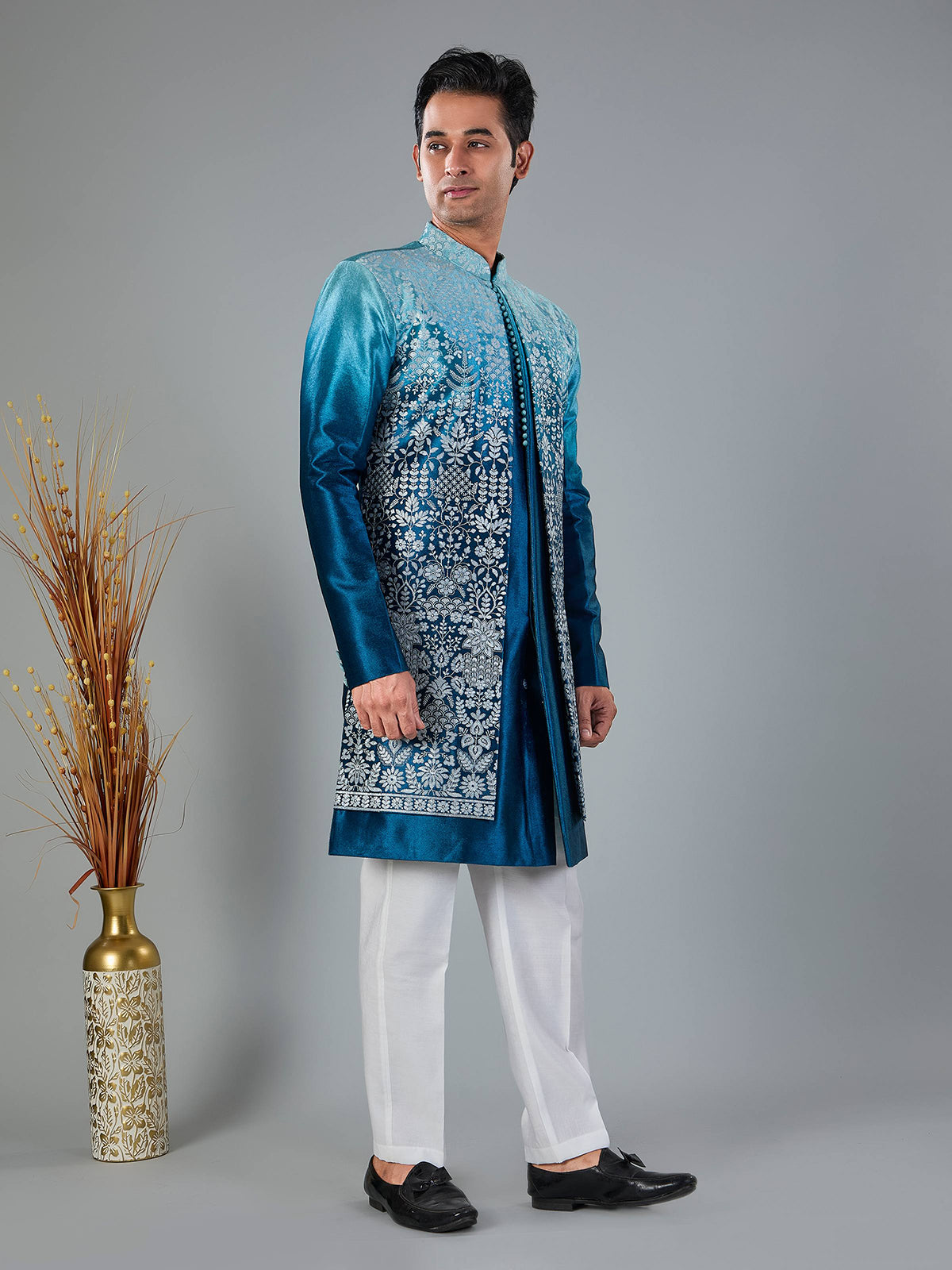 Blue shaded velvet thread embroidered indowestern set
