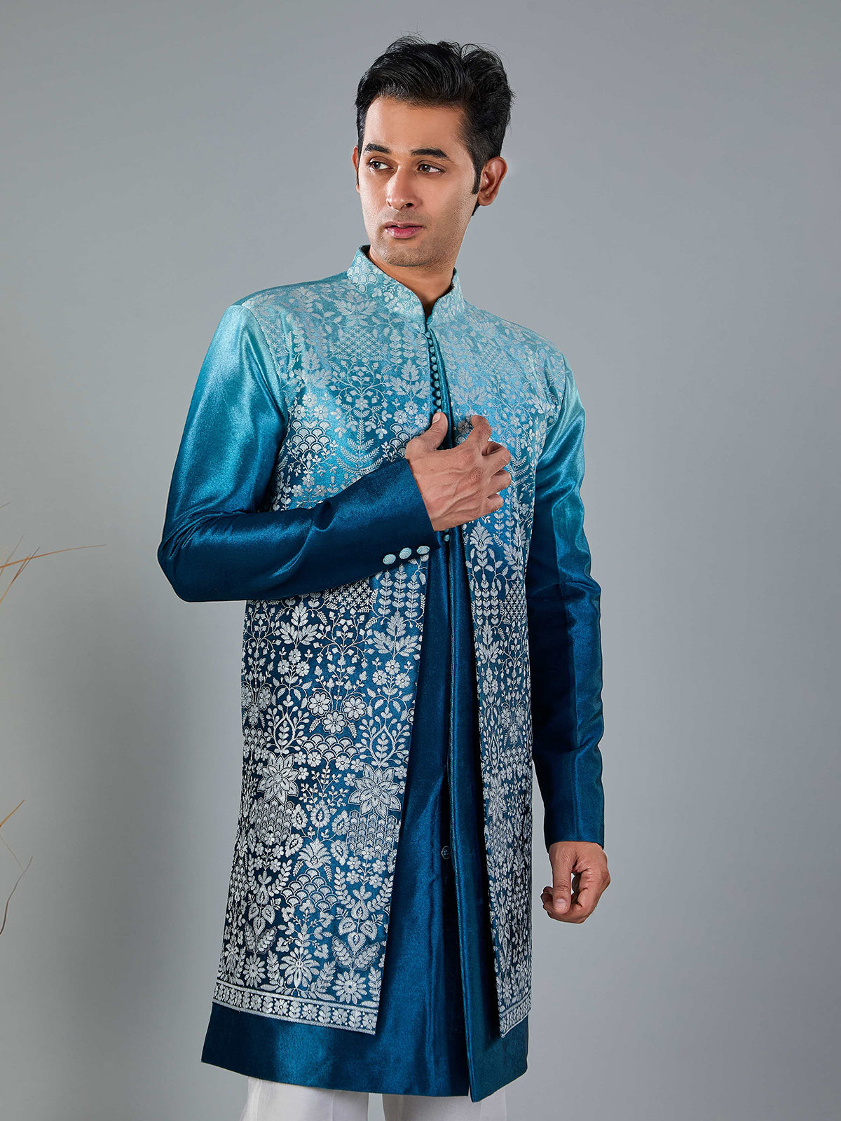 Blue shaded velvet thread embroidered indowestern set