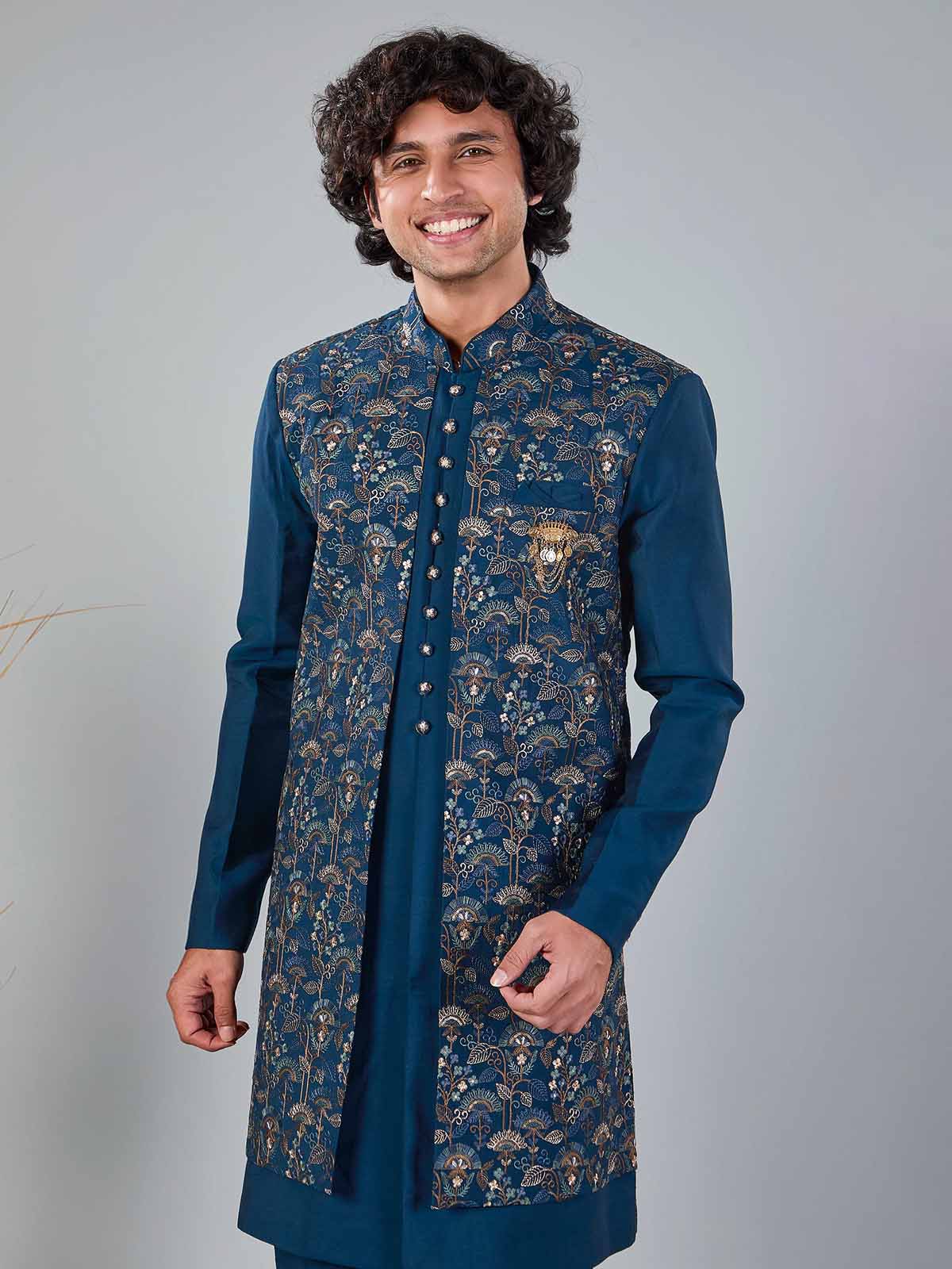 Rama blue silk indowestern set with brooch