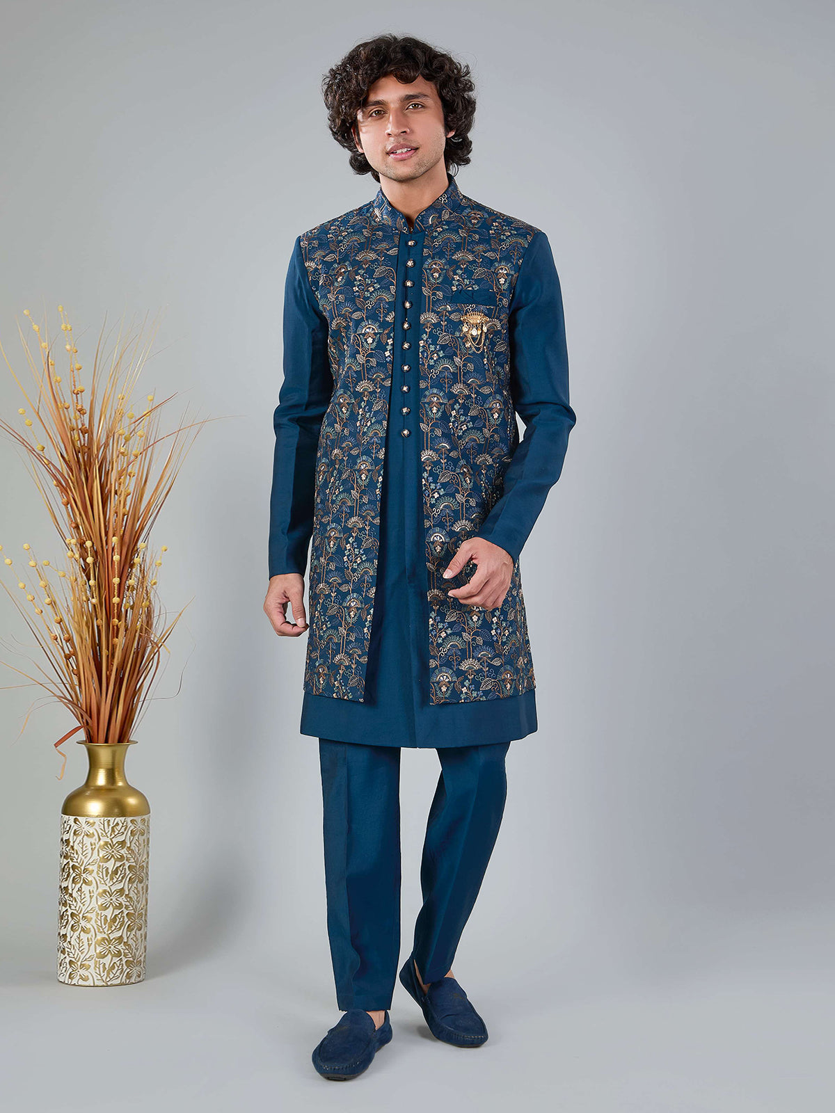 Rama blue silk indowestern set with brooch