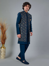 Rama blue silk indowestern set with brooch
