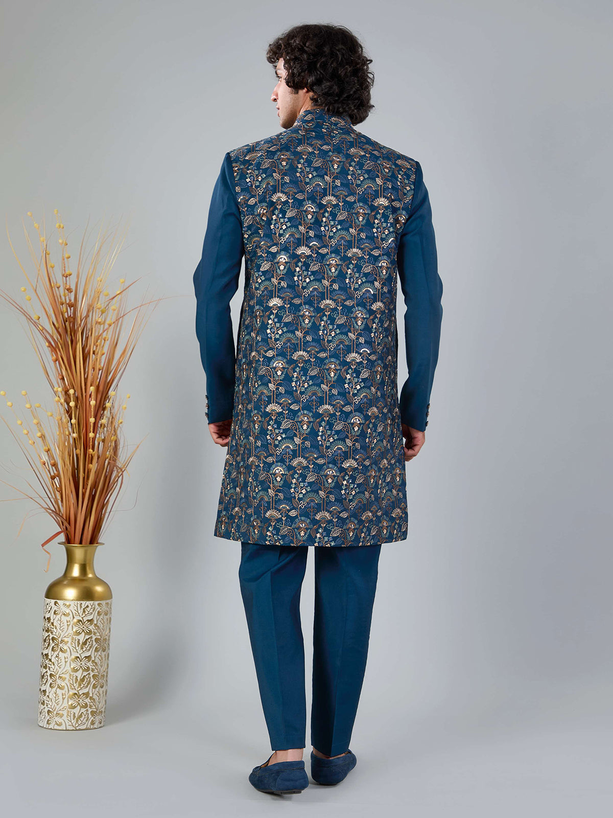 Rama blue silk indowestern set with brooch
