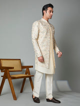 Cream silk indowestern set with embroidered brooch