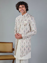 Off white silk embroidered indowestern jacket set