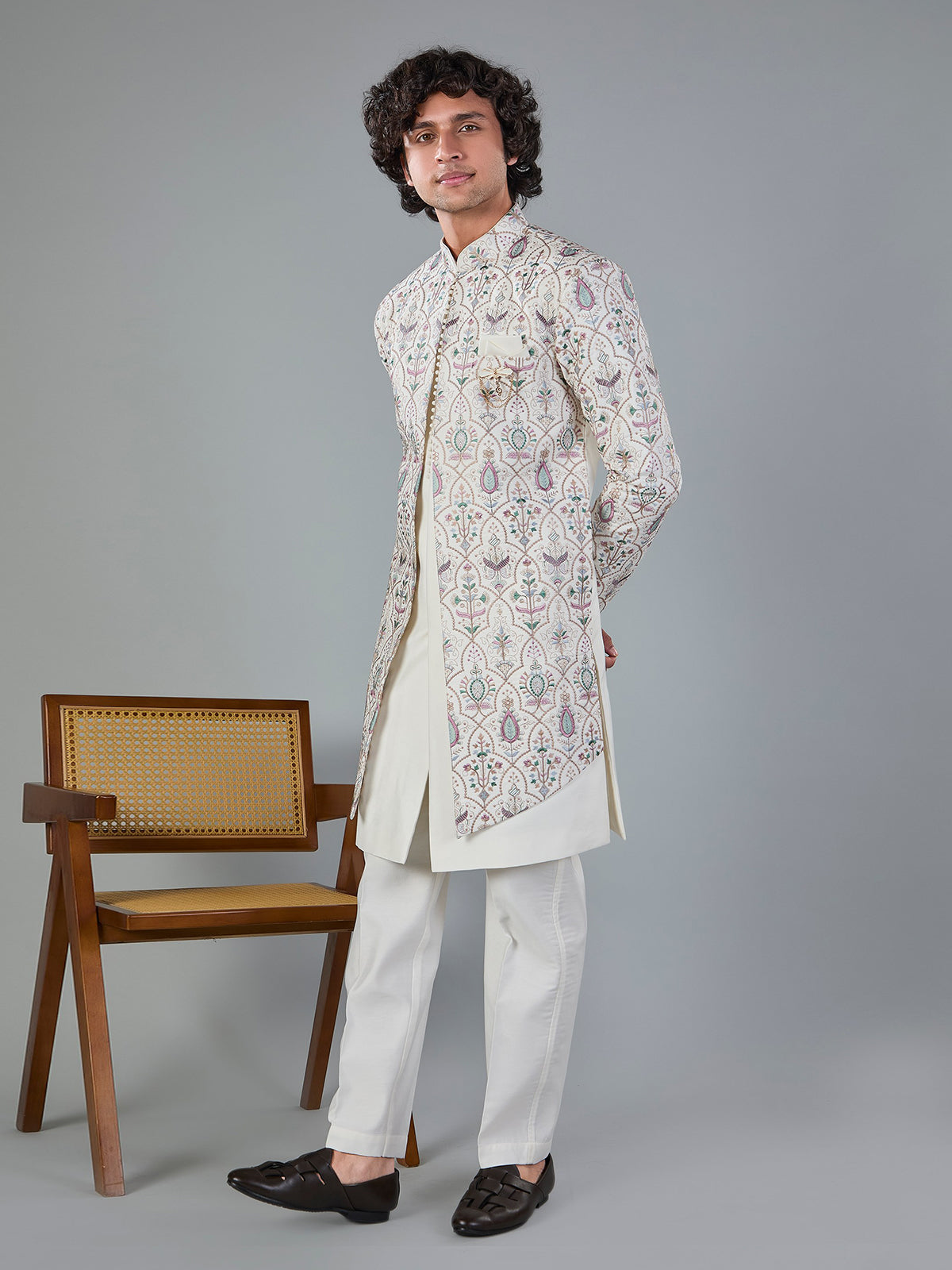 Off white silk embroidered indowestern jacket set