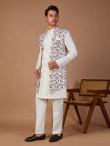 White silk embroidered indowestern set with brooch