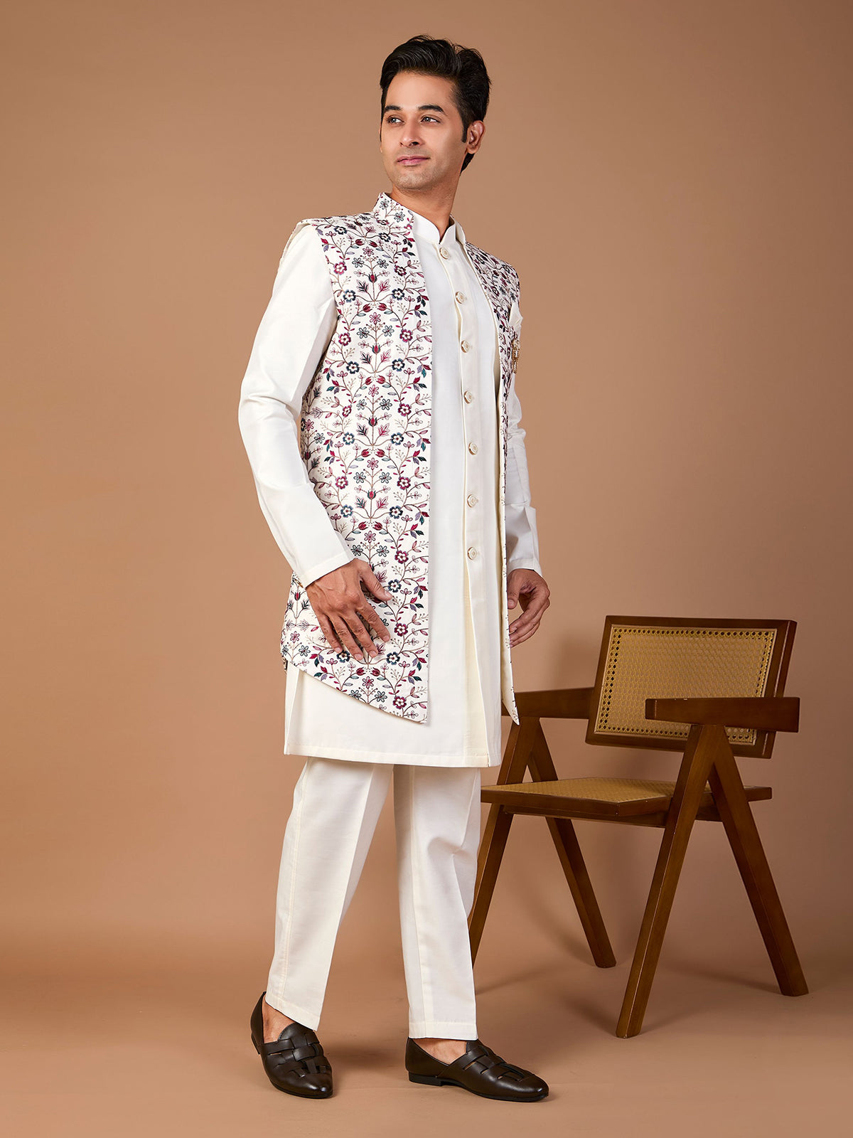 White silk embroidered indowestern set with brooch