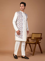 White silk embroidered indowestern set with brooch