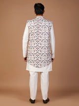 White silk embroidered indowestern set with brooch