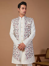 White silk embroidered indowestern set with brooch