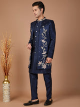 Navy silk embroidered jacket style indowestern set for men