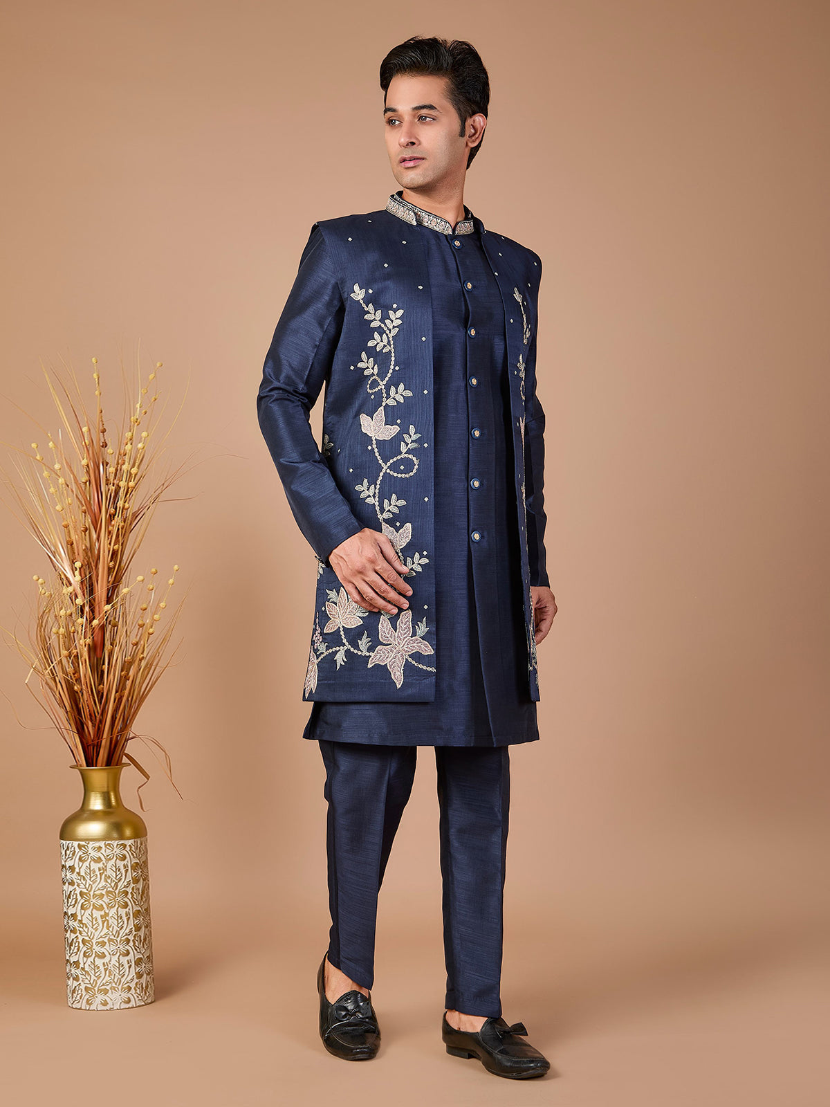 Navy silk embroidered jacket style indowestern set for men