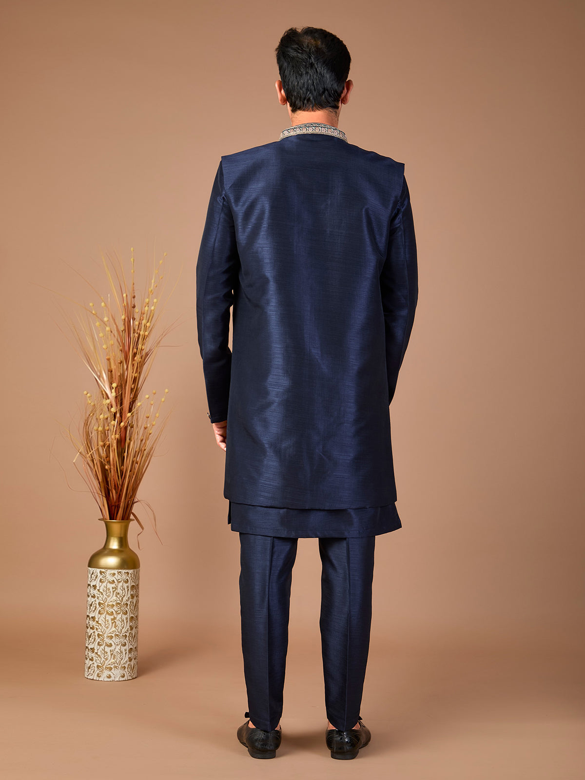 Navy silk embroidered jacket style indowestern set for men
