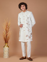 Off white silk jacket style indowestern set
