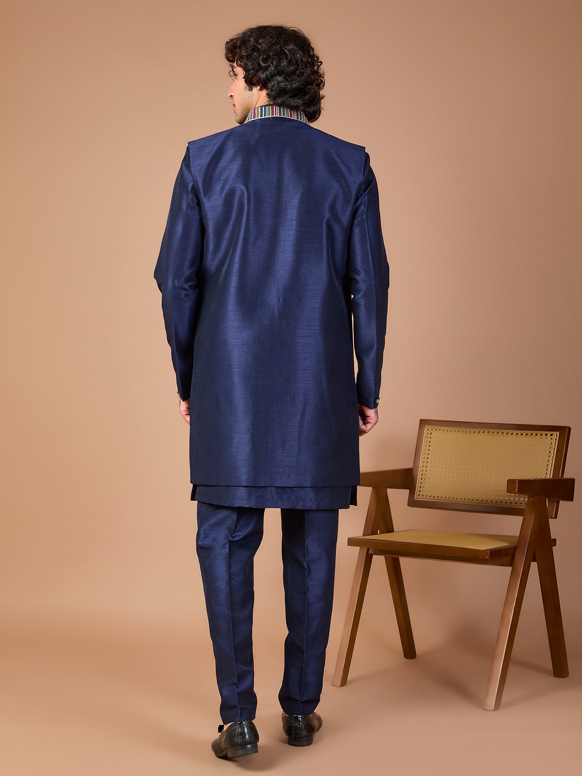 Navy silk jacket style embroidered indowestern set