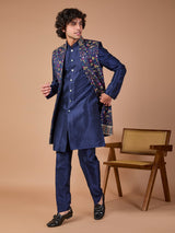 Navy silk jacket style embroidered indowestern set