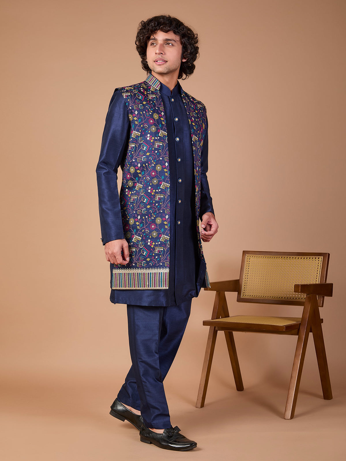 Navy silk jacket style embroidered indowestern set