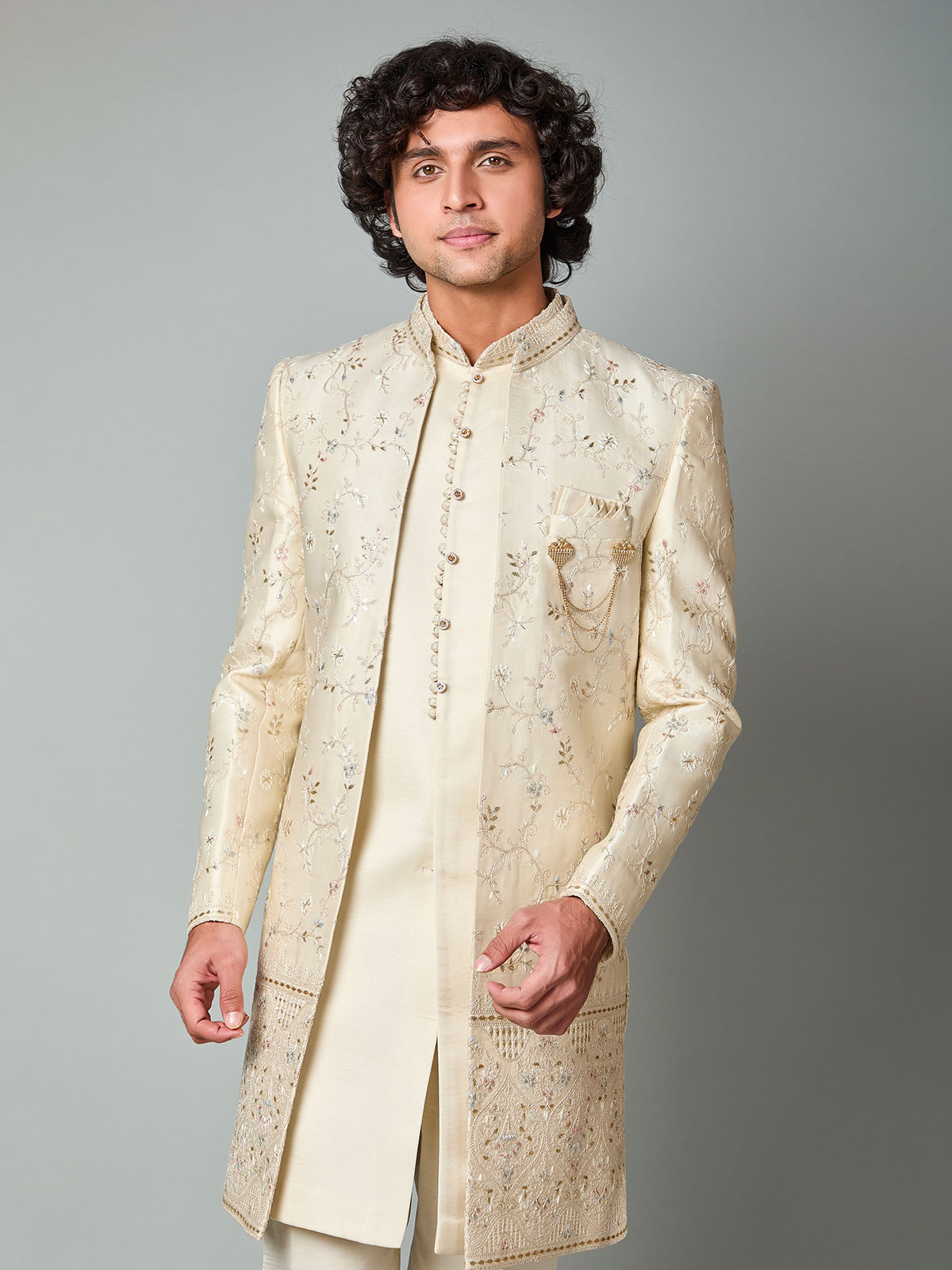 Beige silk embroidered indowestern set with brooch