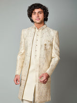 Beige silk embroidered indowestern set with brooch